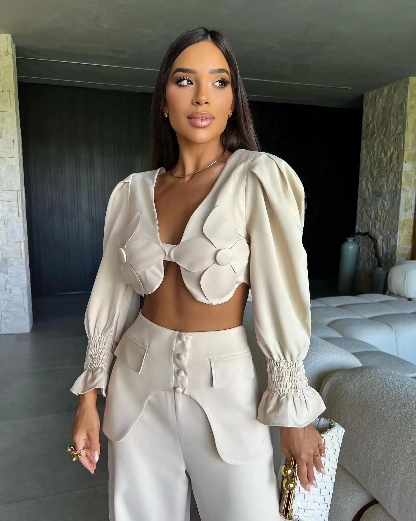 Women's Two Piece Set With Pants Summer Long Sleeve Short Top Wide Leg Pants Set