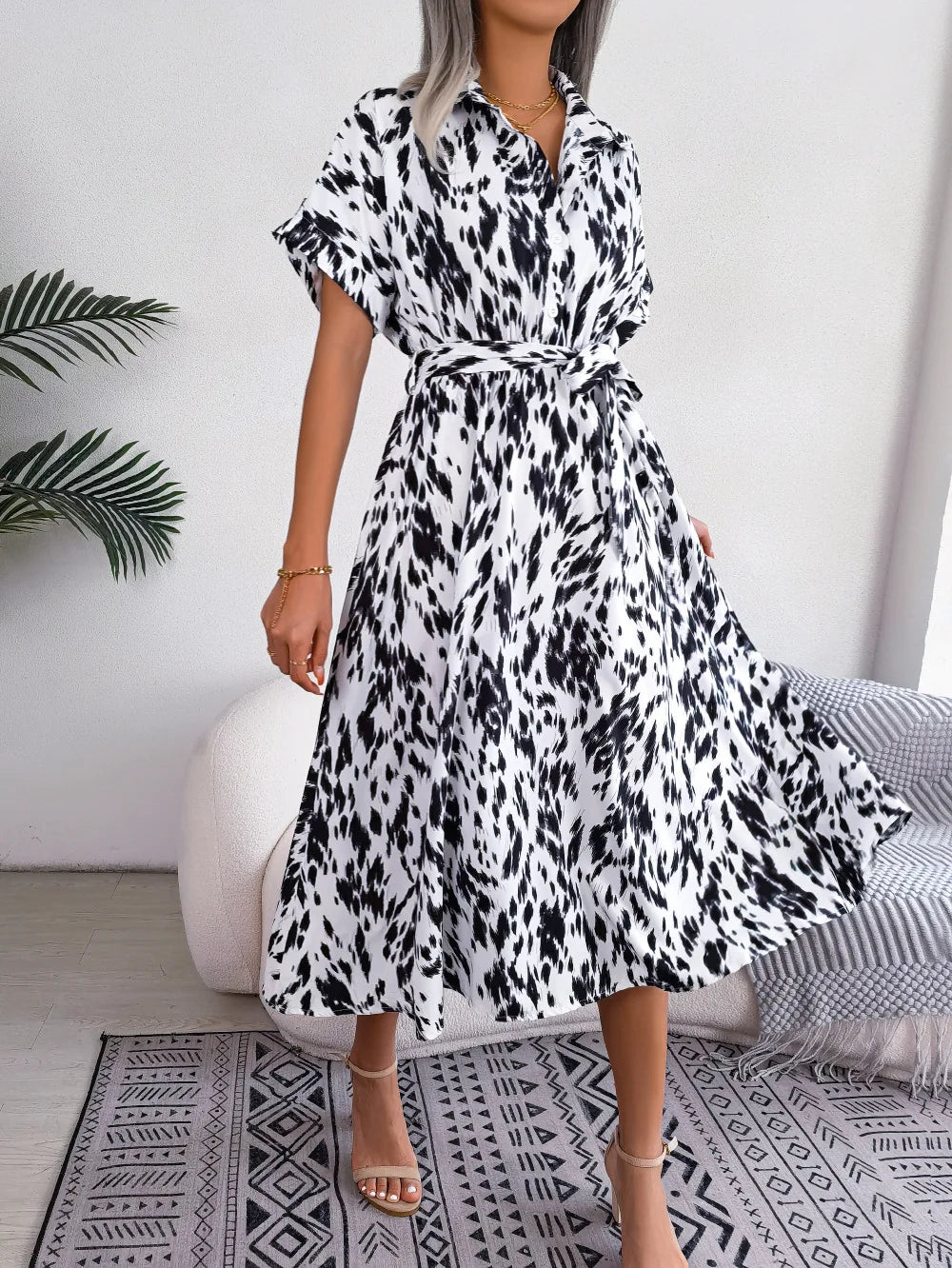 Women's Summer Casual Loose Leopard Lace Up Shirt Chic Dress