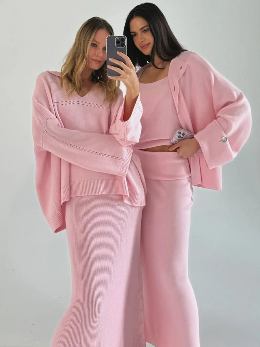 Women's Loose Sweater V-Neck Knit Pullover Top and Long High Waist Skirt 2 Piece Set