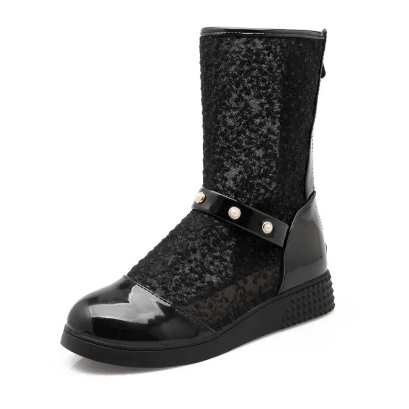 Women's Leather Splicing Mesh Pearl Metal Decoration Zipper Ankle Boots