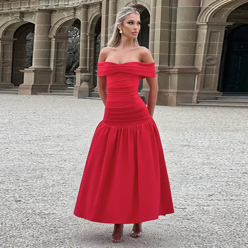 Women's Ruched One-Shoulder Party Long Sleeveless High Waist A-Line Dress