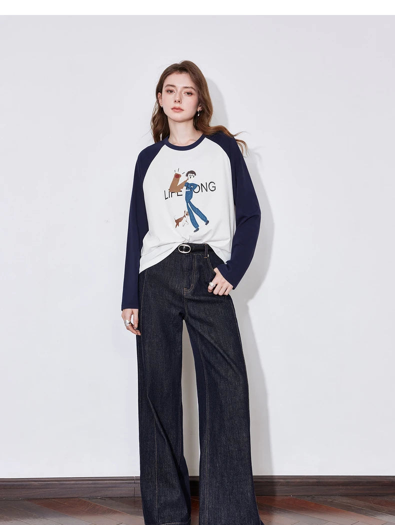 Women's Long Sleeve Lyocell Denim Patchwork Embroidery Cotton Pullover T-Shirt