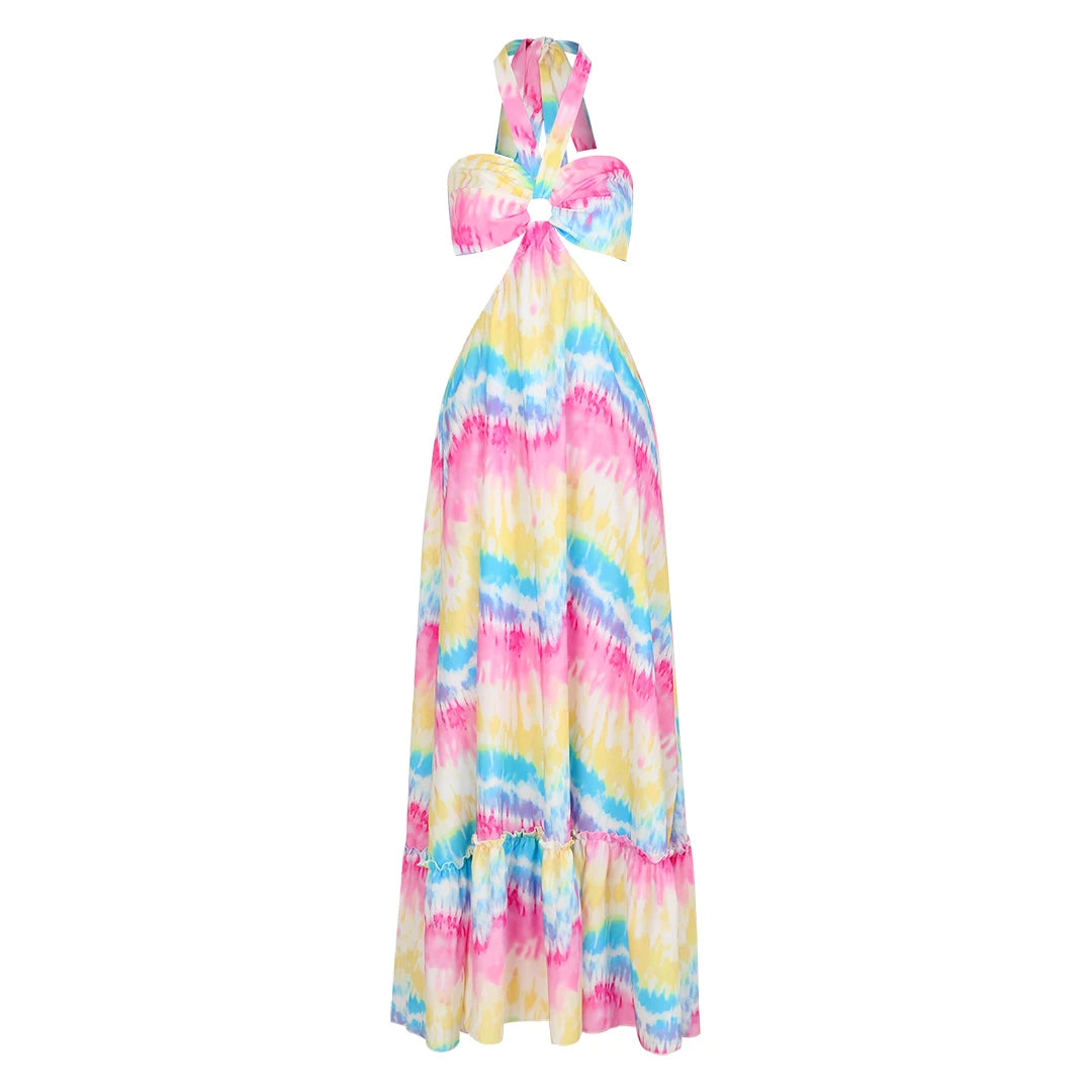 Women's Colourful Print Halter Tie Up Strapless Naked Waist A-line Maxi Summer Dress