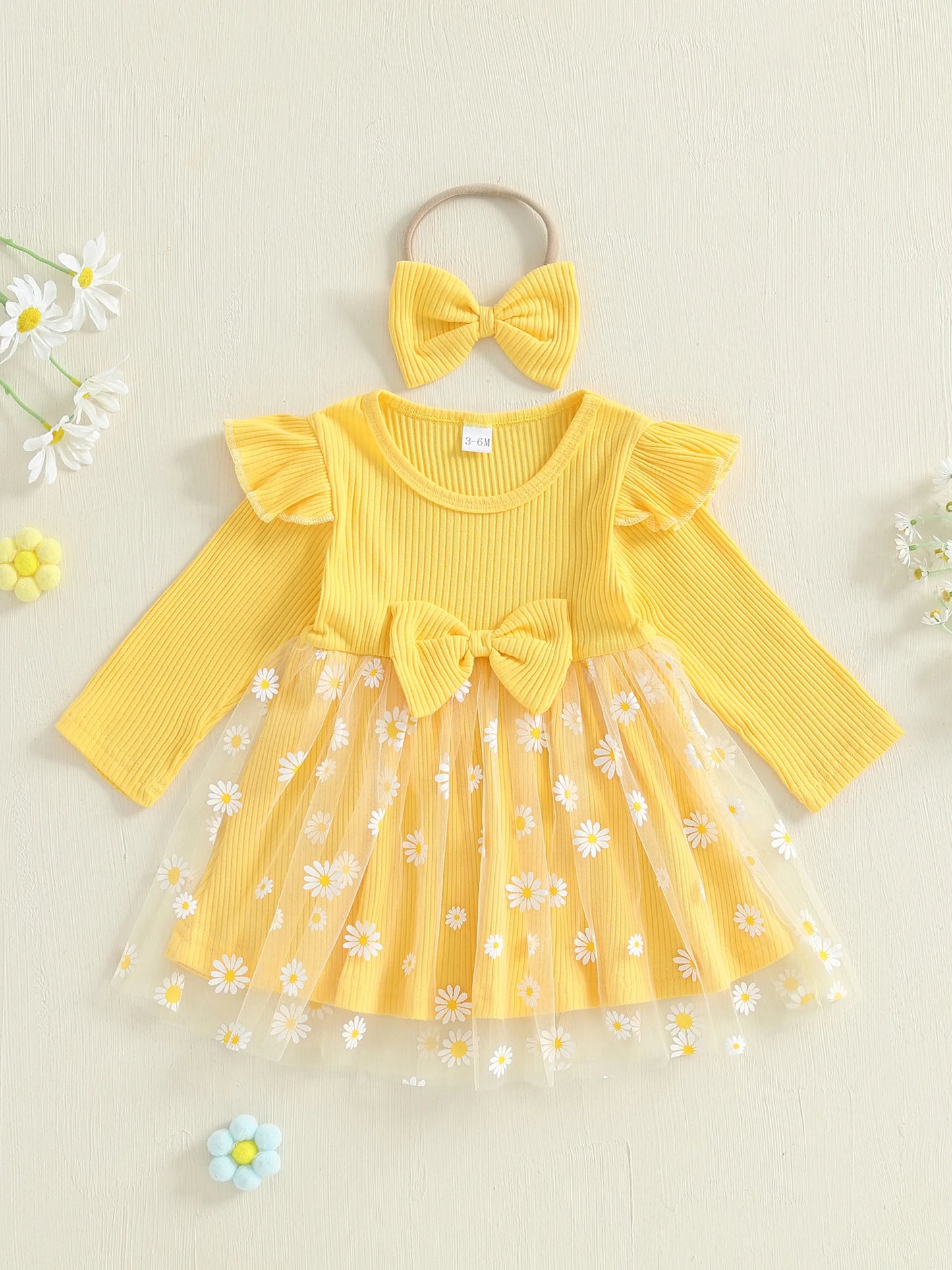 Lovely Baby Girls Fall Winter Dress - Sunflowers Print Tulle Dress with Headband (0-3Y)