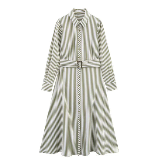 Women's Loose Summer Dress - Vertical Stripe Backless Mid-Length Tie Waist
