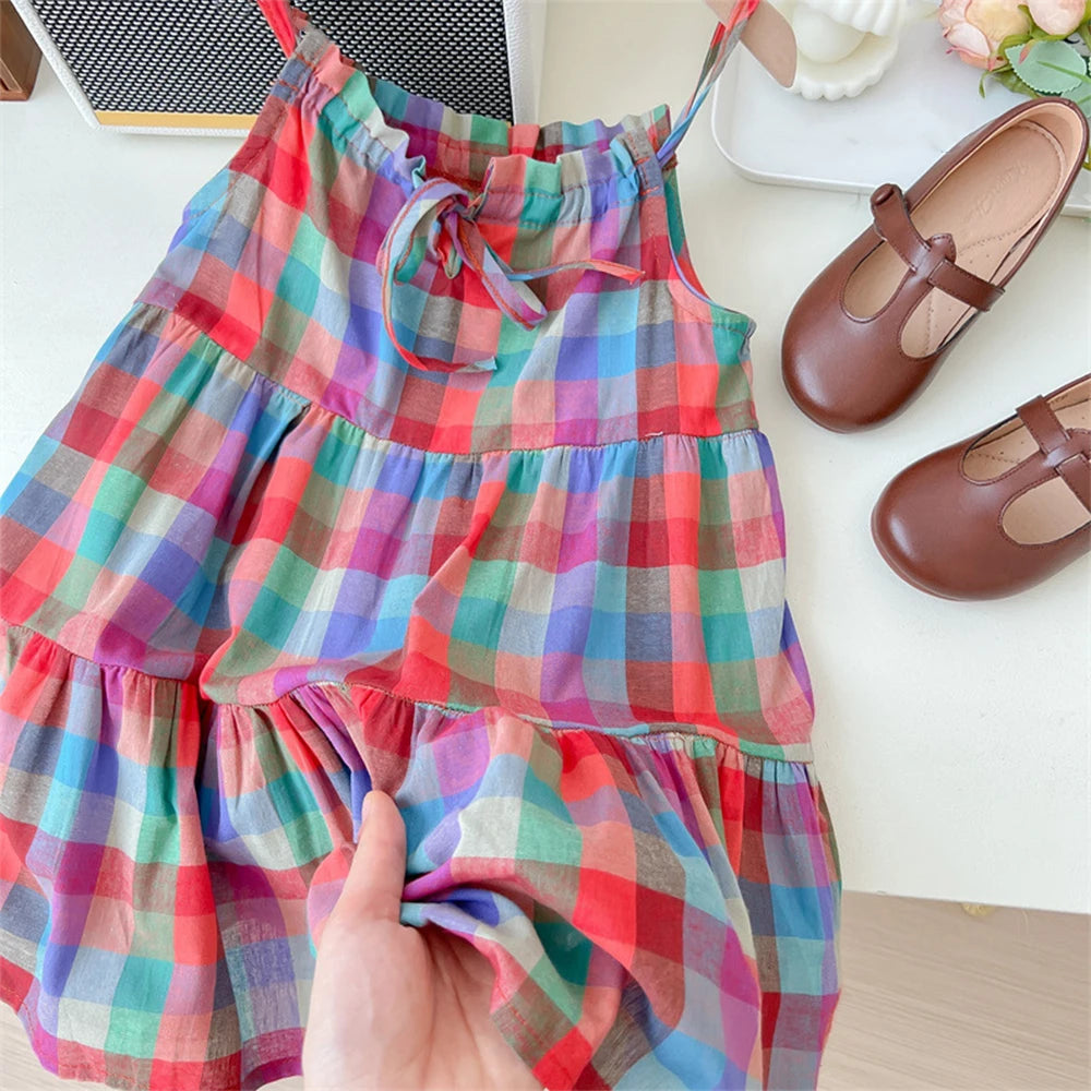 Girl's Summer Plaid Strap  Sleeveless Dress