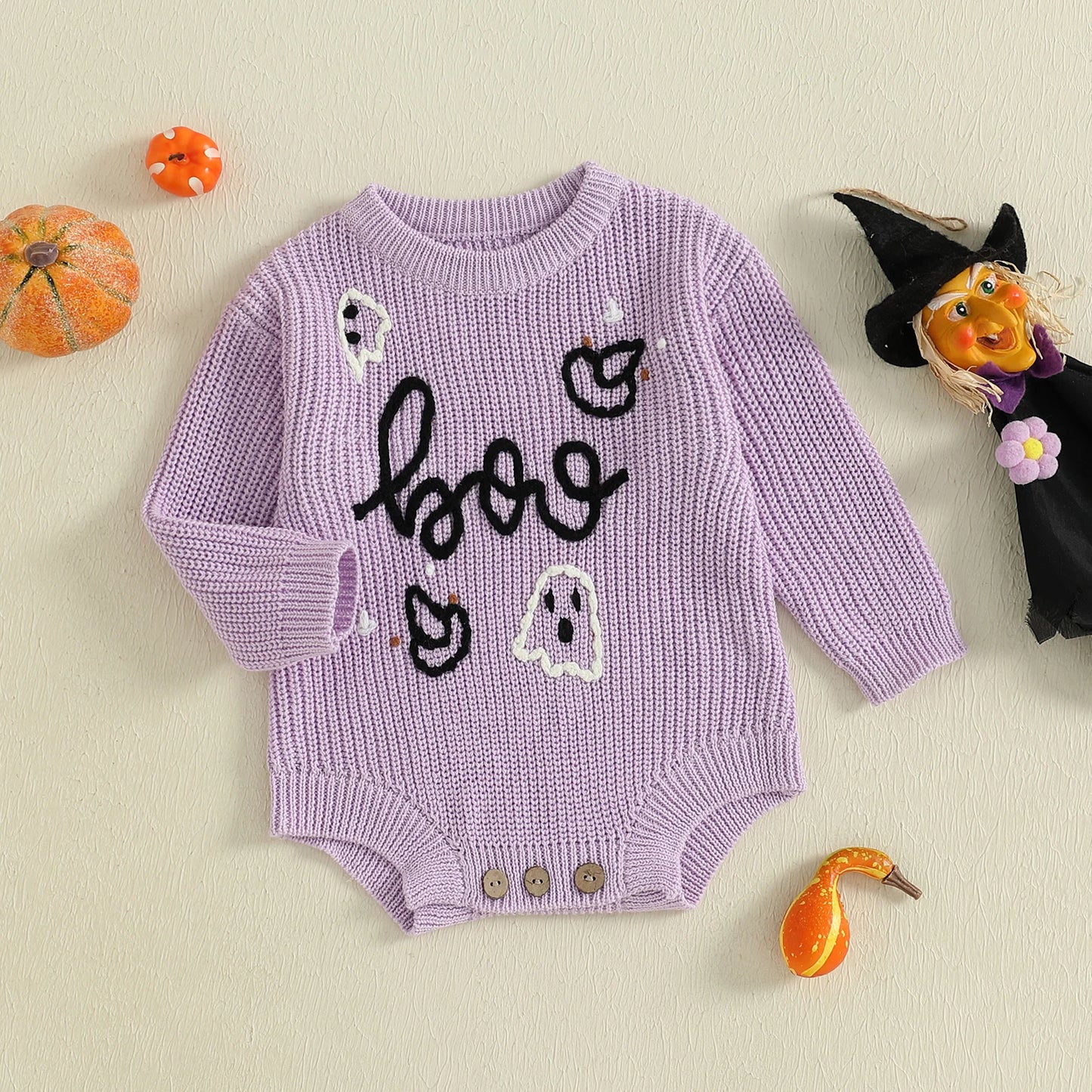 Newborn Baby Halloween Sweater Romper - Ghost Letter Embroidered Long Sleeve Jumpsuit