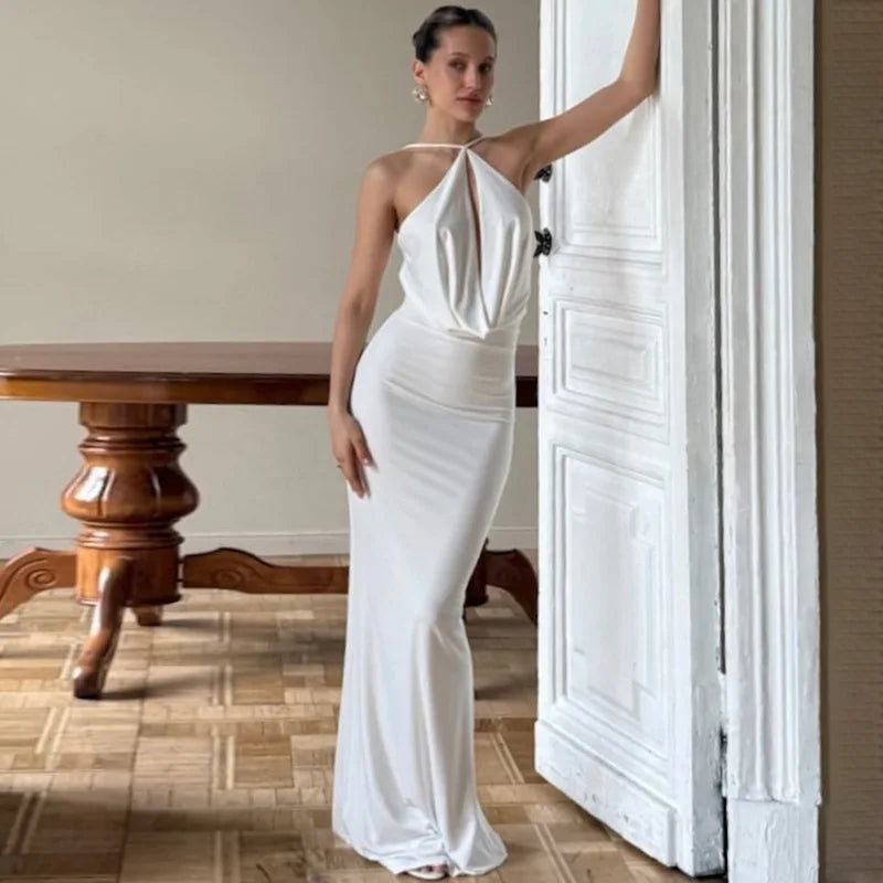 Women's Draped Cut Out Maxi Outfit Gown Backless Solid Plunge Slip Dress