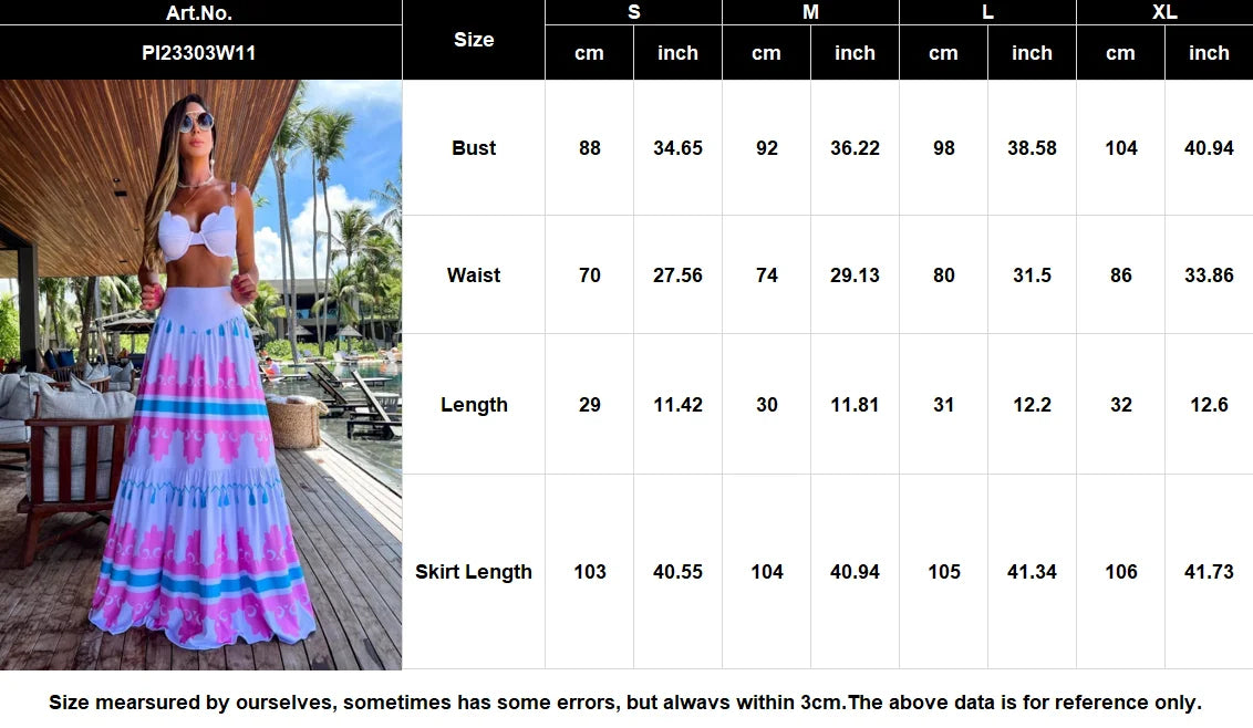 Women's Print Beach Two Piece Skirt White Bra High Waist A-line Long Skirt Beach Set