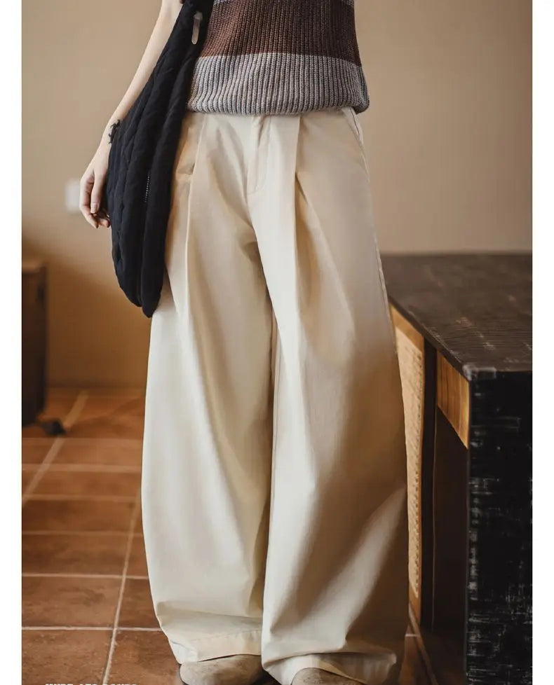 Women's Vintage Pleated Wide-Leg Palazzo Pants - Floor-Length Trousers