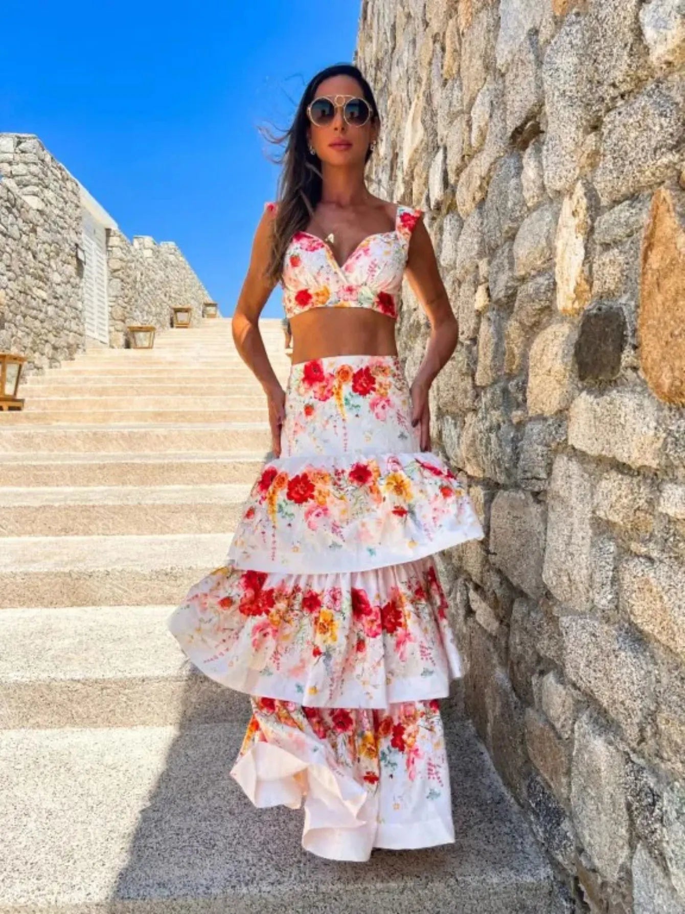 Women's Print Beach Two Piece Skirt White Bra High Waist A-line Long Skirt Beach Set