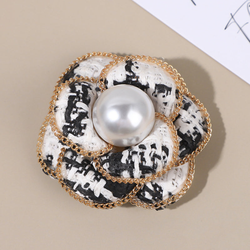 Elegant Fabric Camellia Flower Brooch - Pearl Crystal Lapel Pin for Women