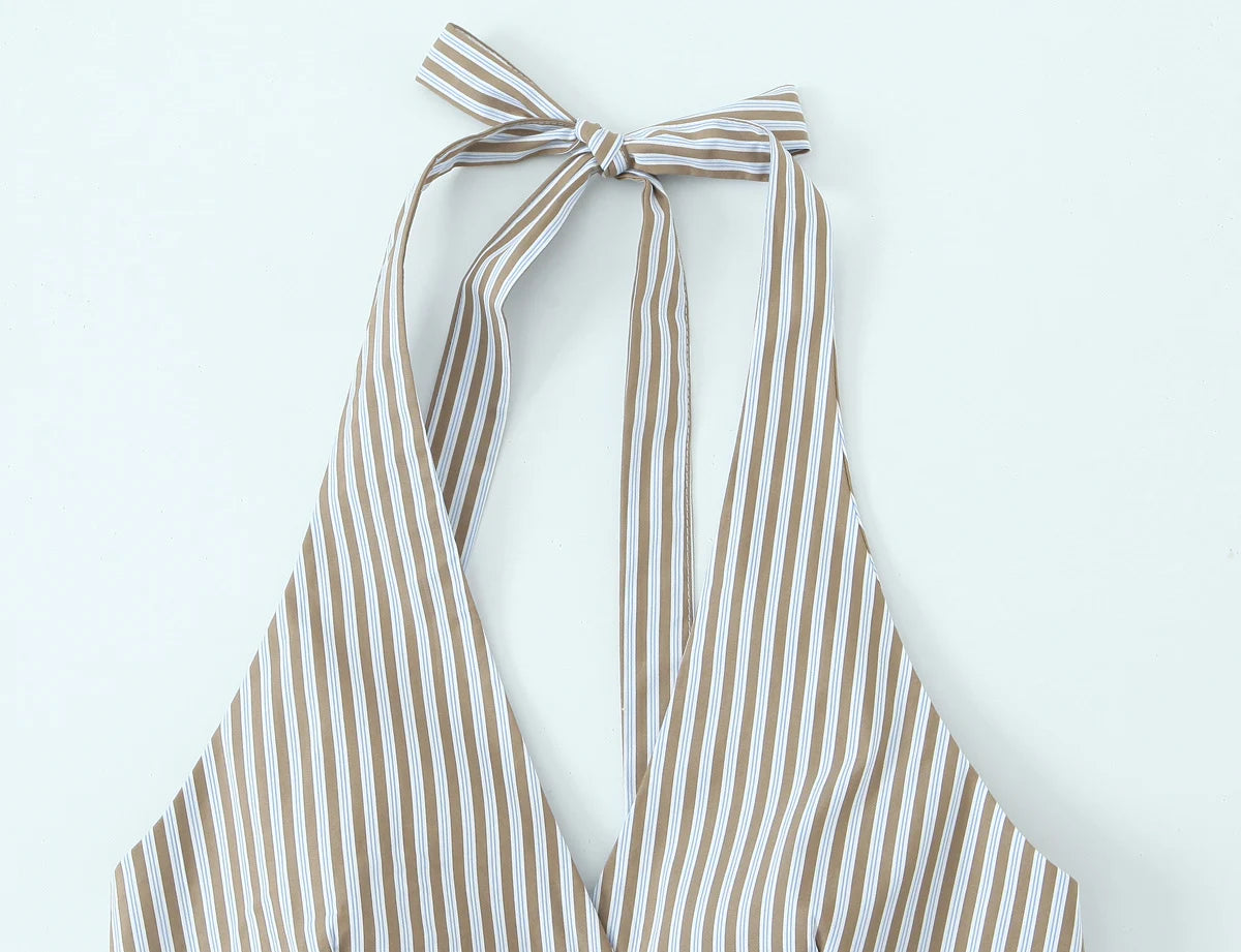 Women's Style Bow Embellished Thin Stripe Vest Top Lazy Style Loose Straight Leg Wide Leg Trousers
