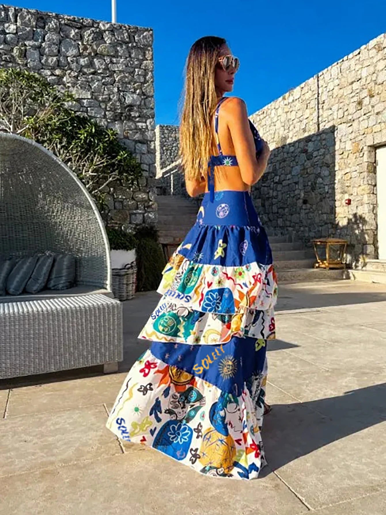 Women's Print Beach Two Piece Skirt White Bra High Waist A-line Long Skirt Beach Set