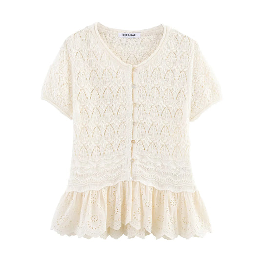 Women's Summer Hollow Embroidery Decoration Splicing Knitted Style Round Neck Short Sleeved Top