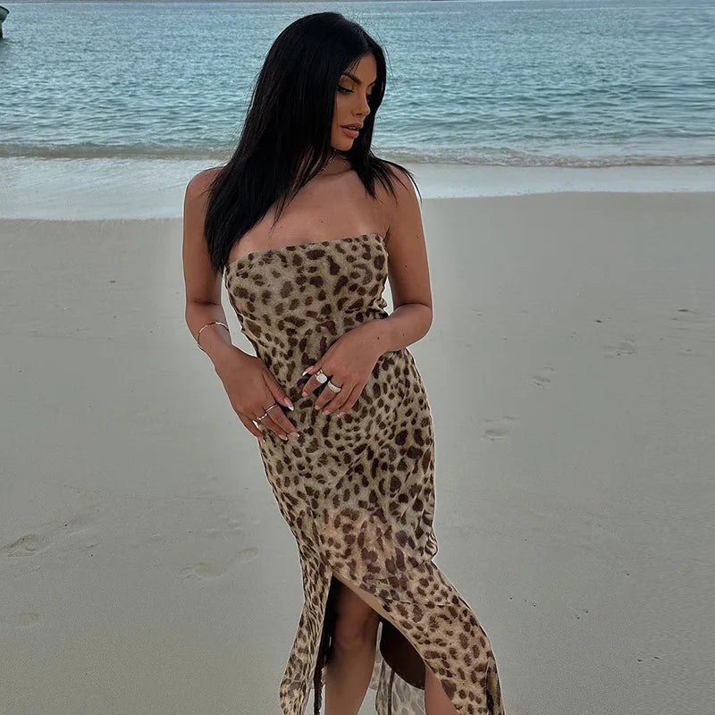 Women's Vintage Leopard Print Straps Long Slip Backless Dress
