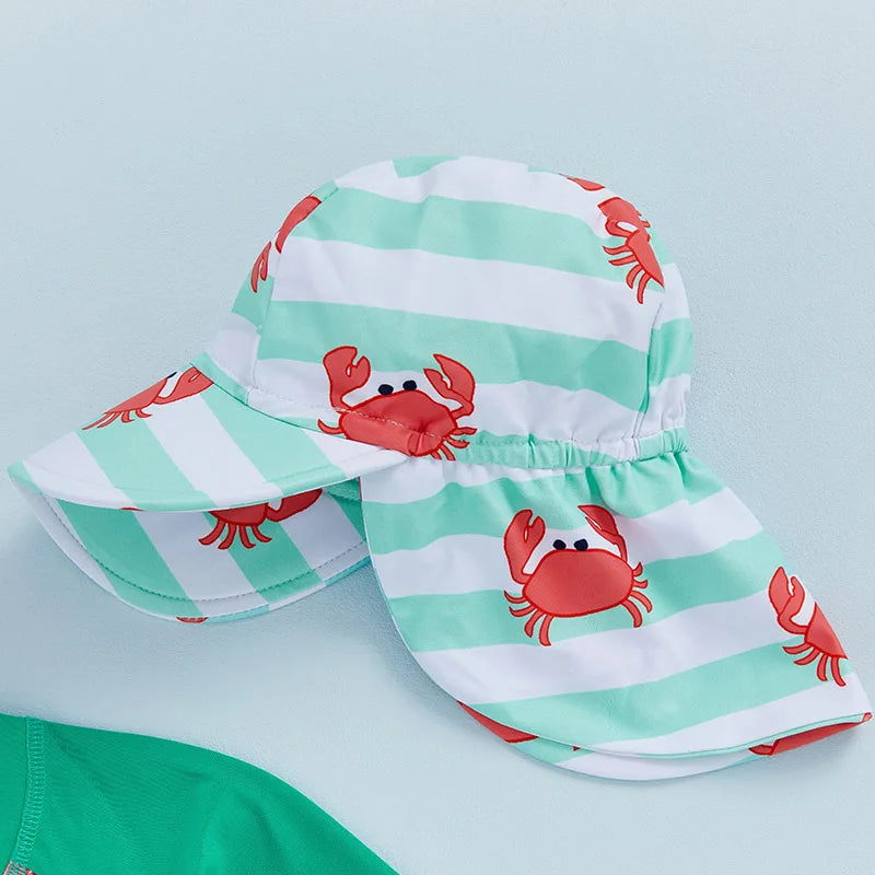 0-4Y Toddler Kids Boys Swimwear Summer Crab Stripe Print Zipper Rash Guard Swimsuit and Hat Beachwear