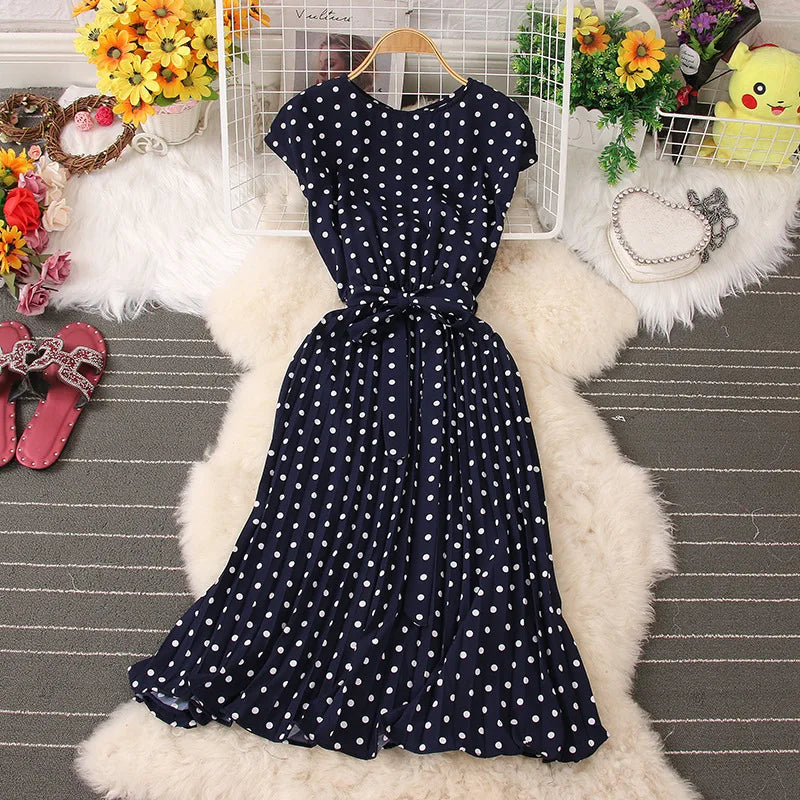Women's Dot Print Chic Summer High Waist Knee Length Bandage Medium Long Dress