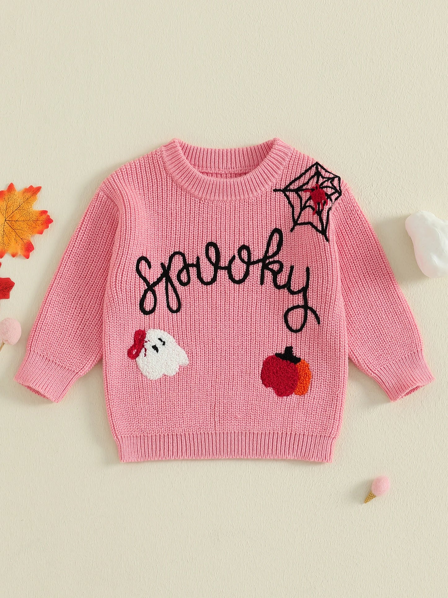 Baby Halloween Knit Sweater - Letter Ghost Pumpkin Spider Web Embroidery