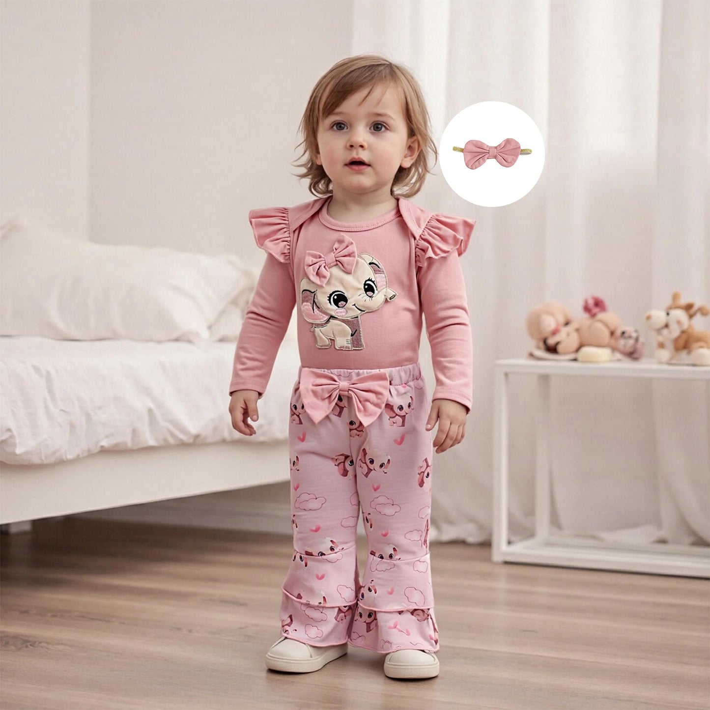Baby Girls Fall Winter Clothes Set - Long Sleeve Bow Animal Embroidery Jumpsuit, Headband & Flared Pants