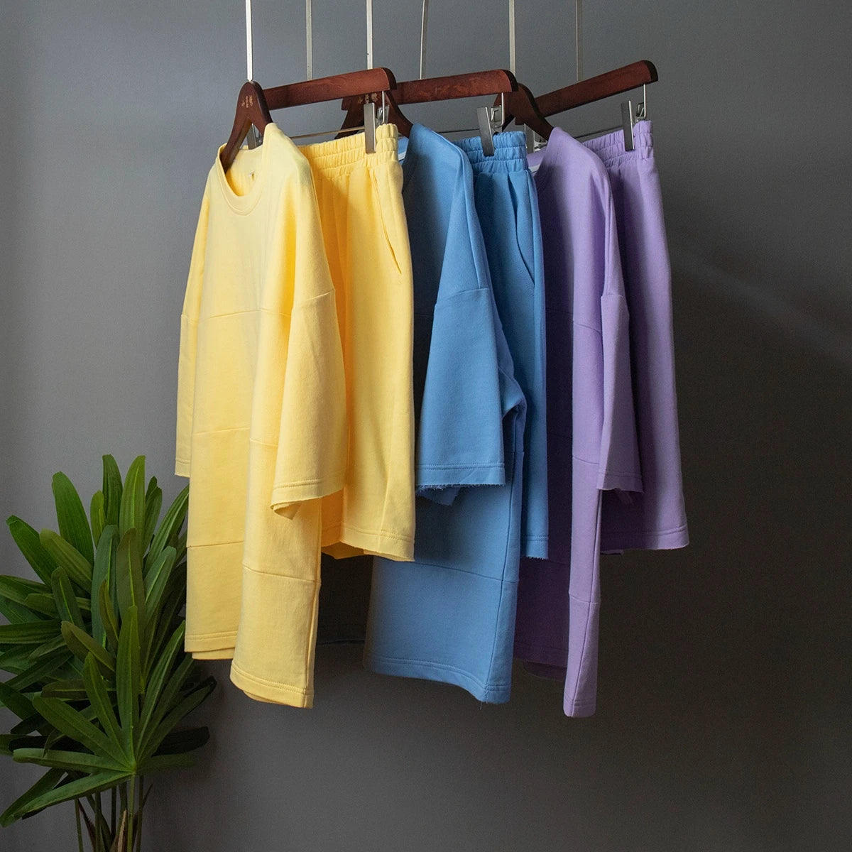 Women's 100% Cotton Shorts Set Half Sleeve Patchwork T Shirts & High Waist Shorts Two Pieces Set