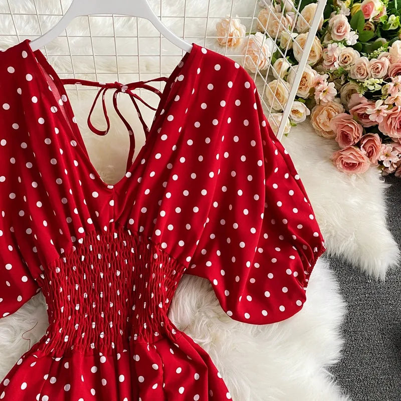 Women's V-Neck Polka Dot Jumpsuit - Wide Leg Trousers with Dolman Sleeves