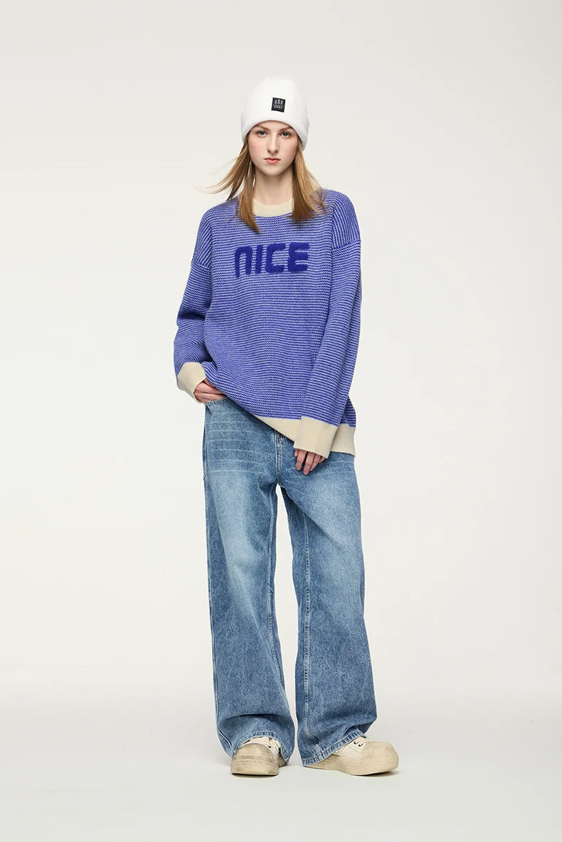 Unisex Letter Print Loose Knit Pullover Sweater