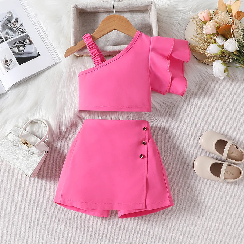 1-6Y Kids Girls Clothes Set Ruffles One Shoulder Sleeveless Vest with Solid Shorts Summer Outfit