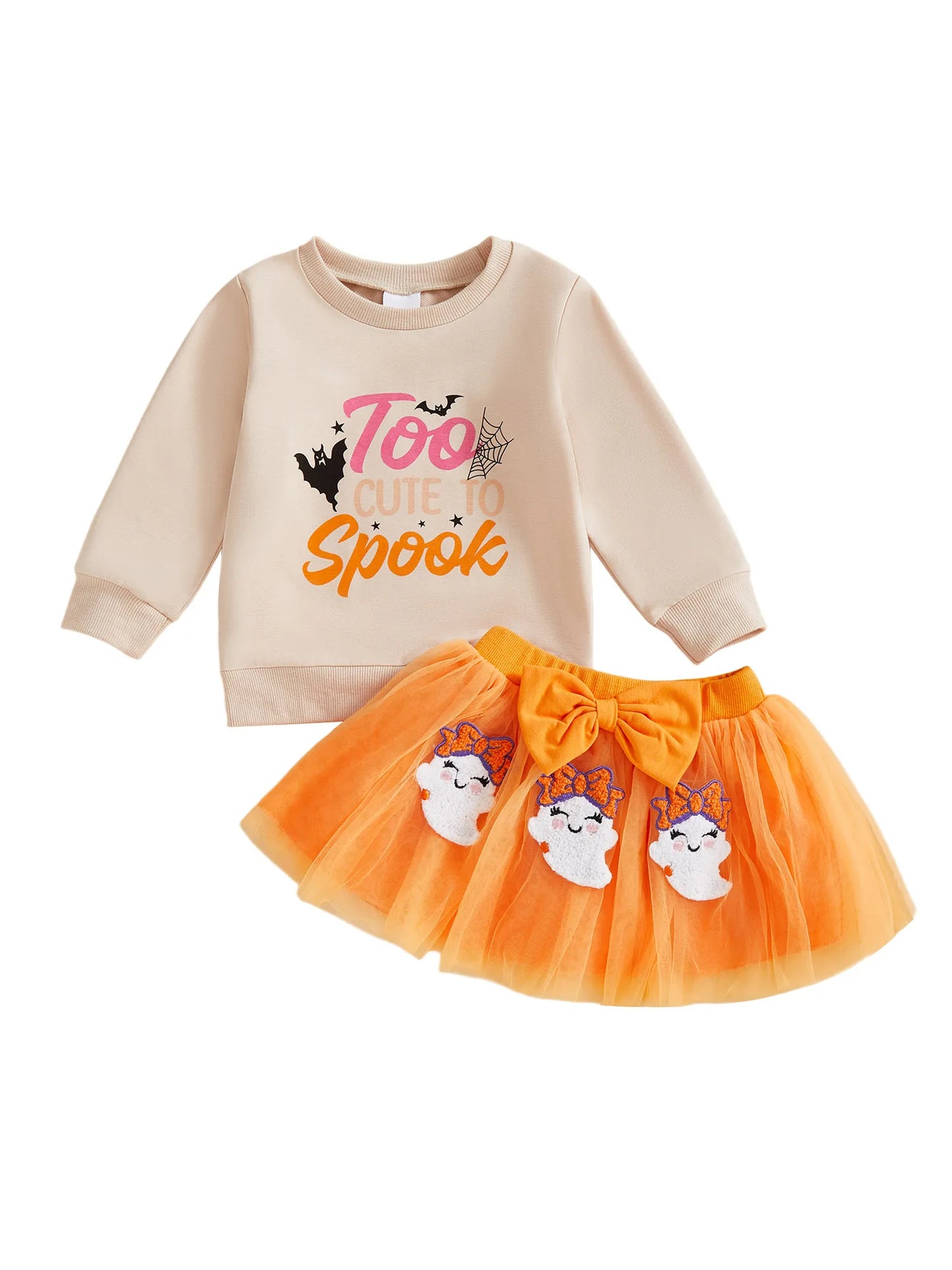 Baby Girl's Halloween Outfit Set - Cartoon Letter Sweatshirt & Ghost Tulle Skirt