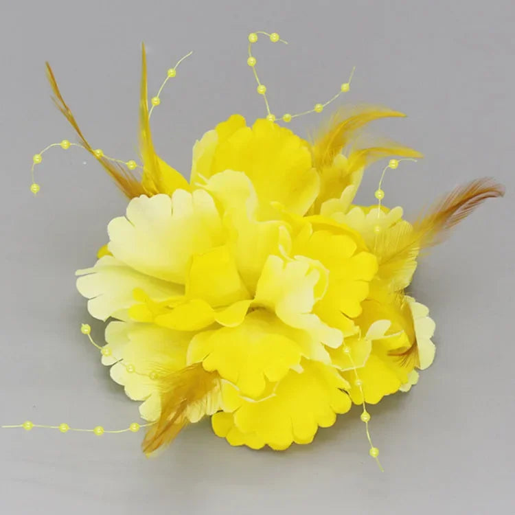 Handmade Fabric Flower Brooch - Pearl Feather Wedding Party Corsage