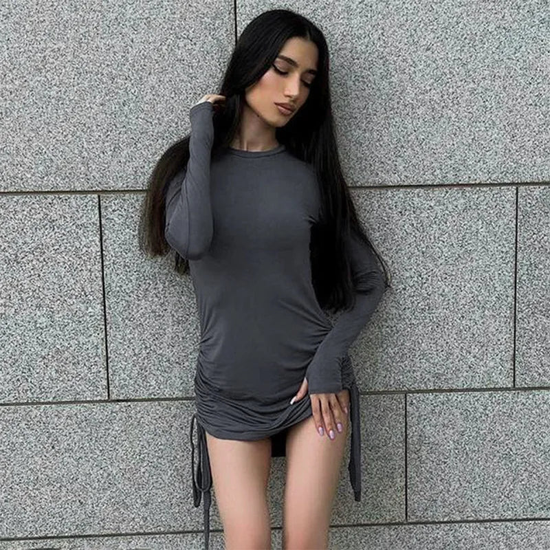 Women's Drawstring Ruched Mini Dress Outfit Long Sleeve Bodycon Dress