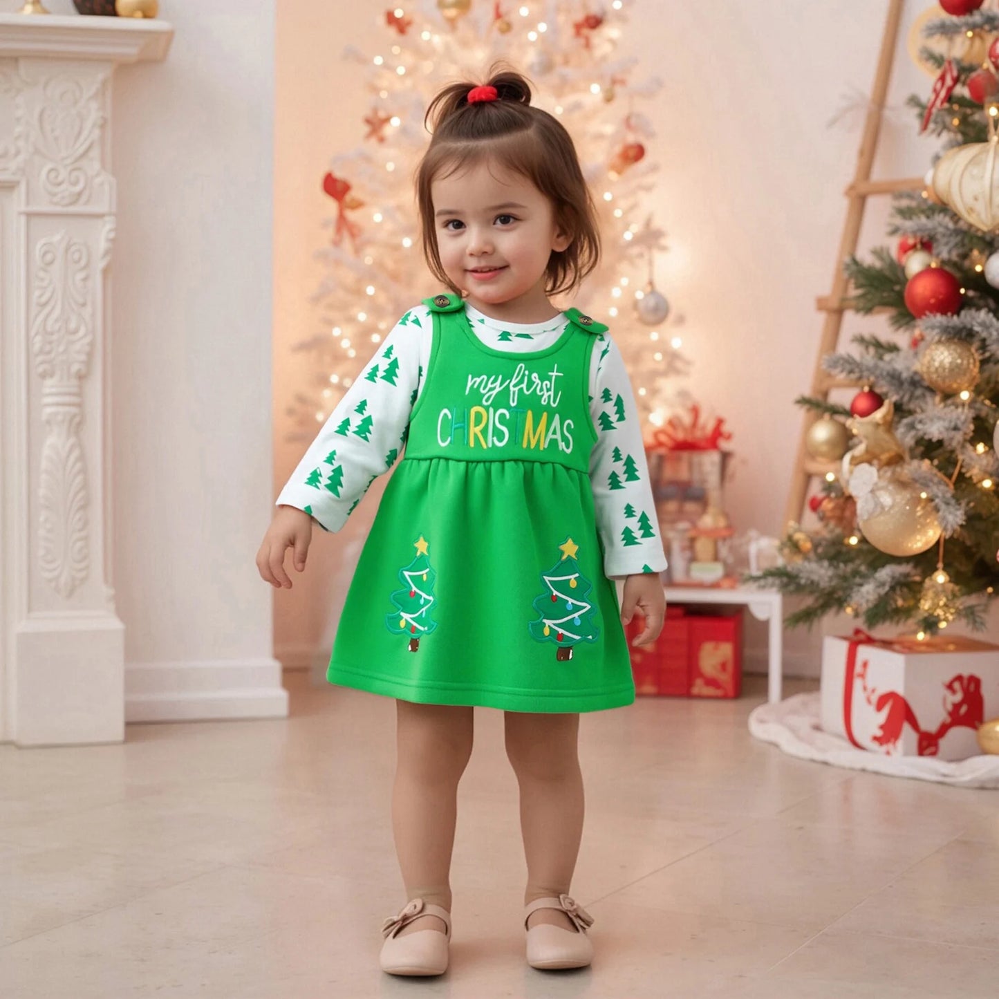 Baby Girls Christmas Clothes Set - Xmas Tree Print Long Sleeve Romper & Letter Embroidery Sleeveless Dress