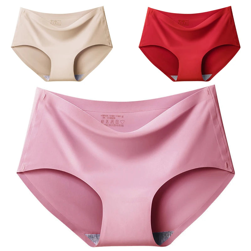 Women's 3Pcs Seamless Ice Silk Underwear Invisible Comfort Briefs Mid-waist Panties Breathable Lingerie
