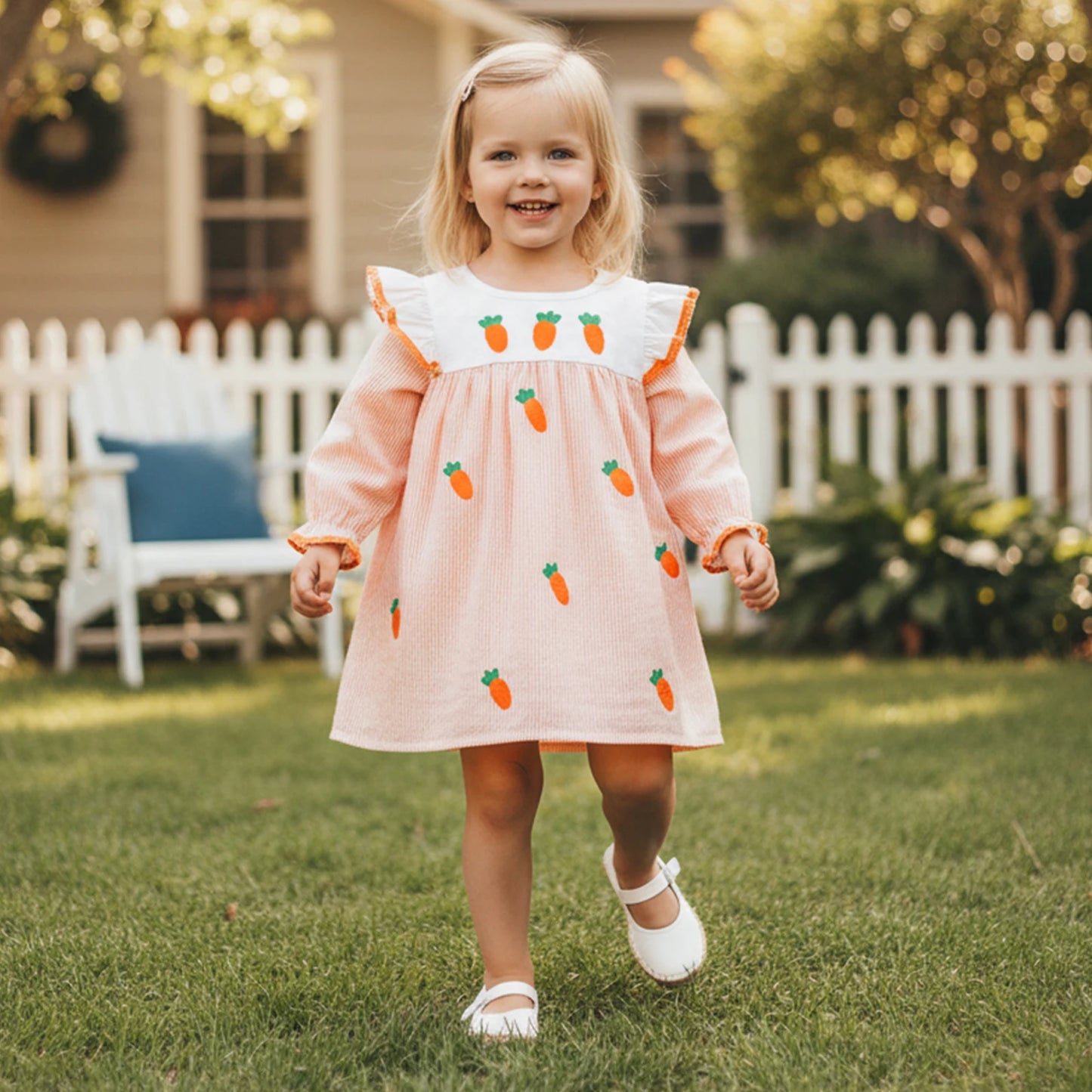 Striped Carrot Embroidered Easter Dress - Girls Long Sleeve A-Line Dress