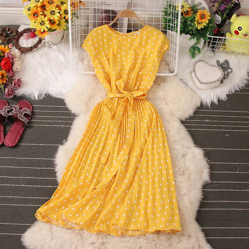 Women's Dot Print Chic Summer High Waist Knee Length Bandage Medium Long Dress