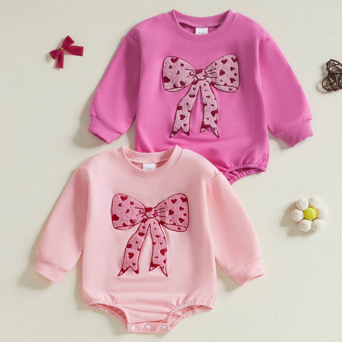Children's 0-18M Baby Girls Bubble Romper Heart Bow Embroidery Long Sleeve Sweatshirt Jumpsuit