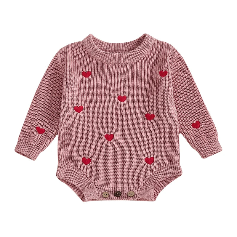 Newborn Baby Girl's Sweater Romper - Heart Knit Long Sleeve Jumpsuit for Valentine's