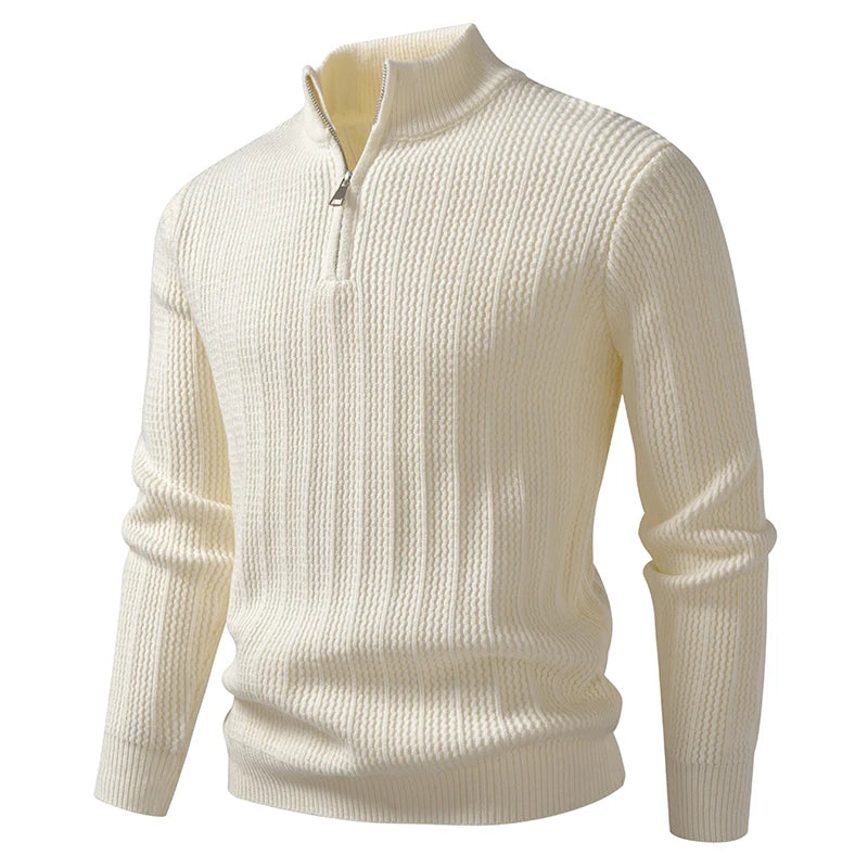 Men's Stand Collar Half-Zip Sweater - Loose Fit Solid Colour Knit Pullover for Autumn Winter