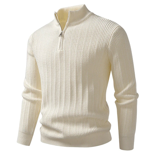 Men's Stand Collar Half-Zip Sweater - Loose Fit Solid Colour Knit Pullover for Autumn Winter