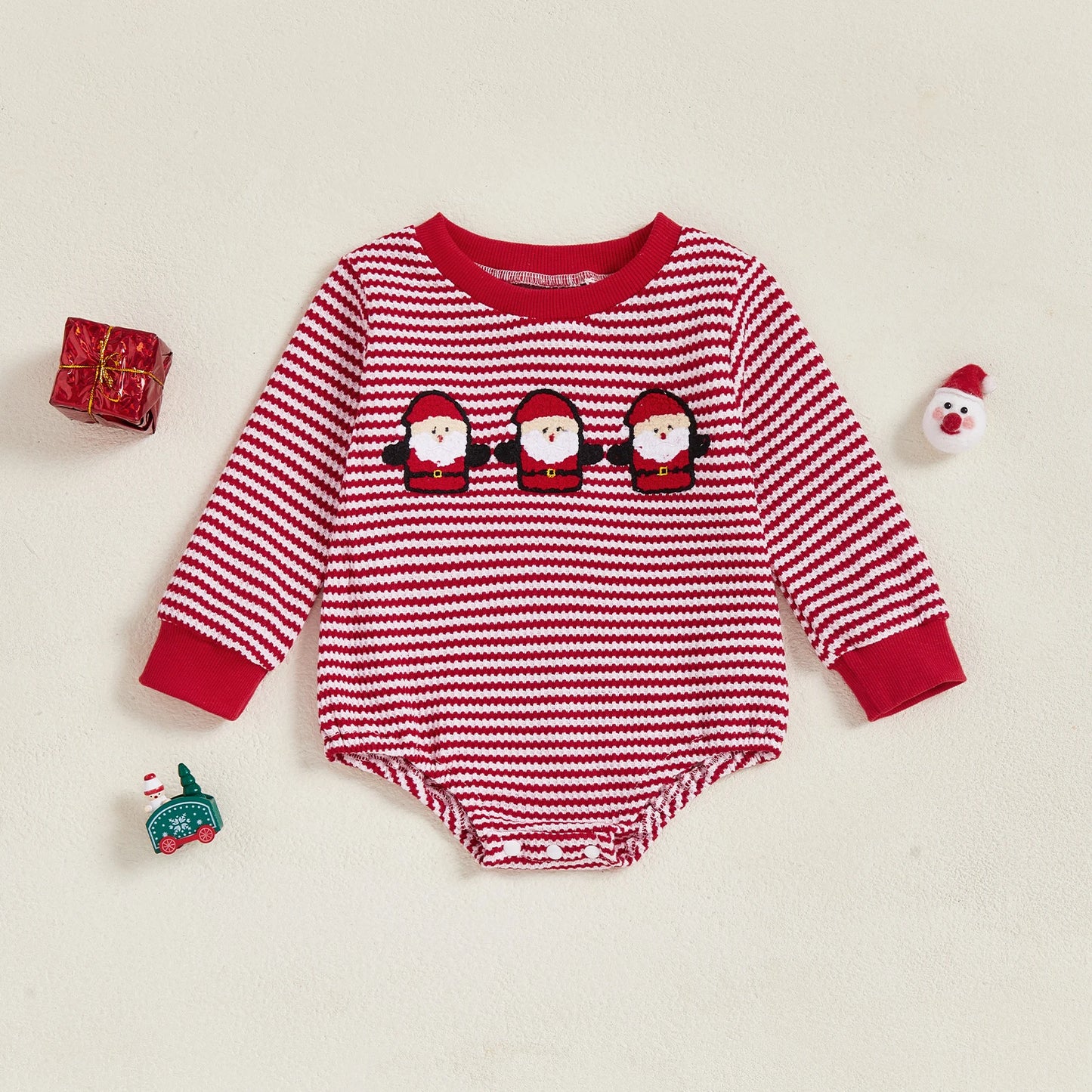 Baby Christmas Romper - Long Sleeve Stripes Print Xmas Embroidery Bodysuit