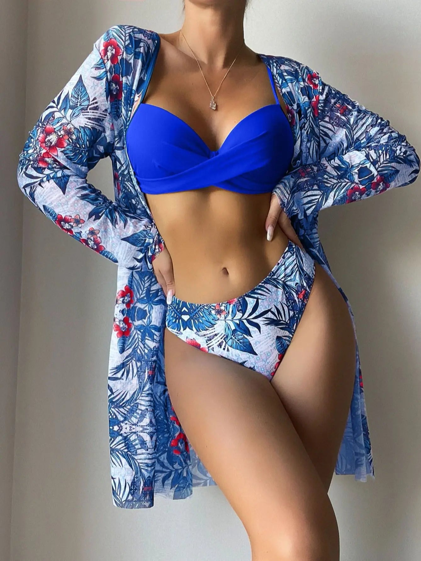 Women's Print Beach Cover Up And Bikini Set Swimwear Hollow Out Swimsuit High Waist Three Piece Beachwear