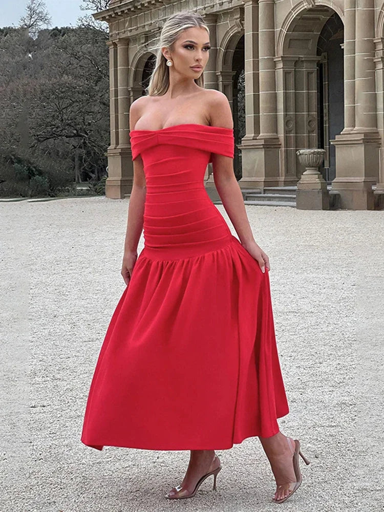 Women's Ruched One-Shoulder Party Long Sleeveless High Waist A-Line Dress