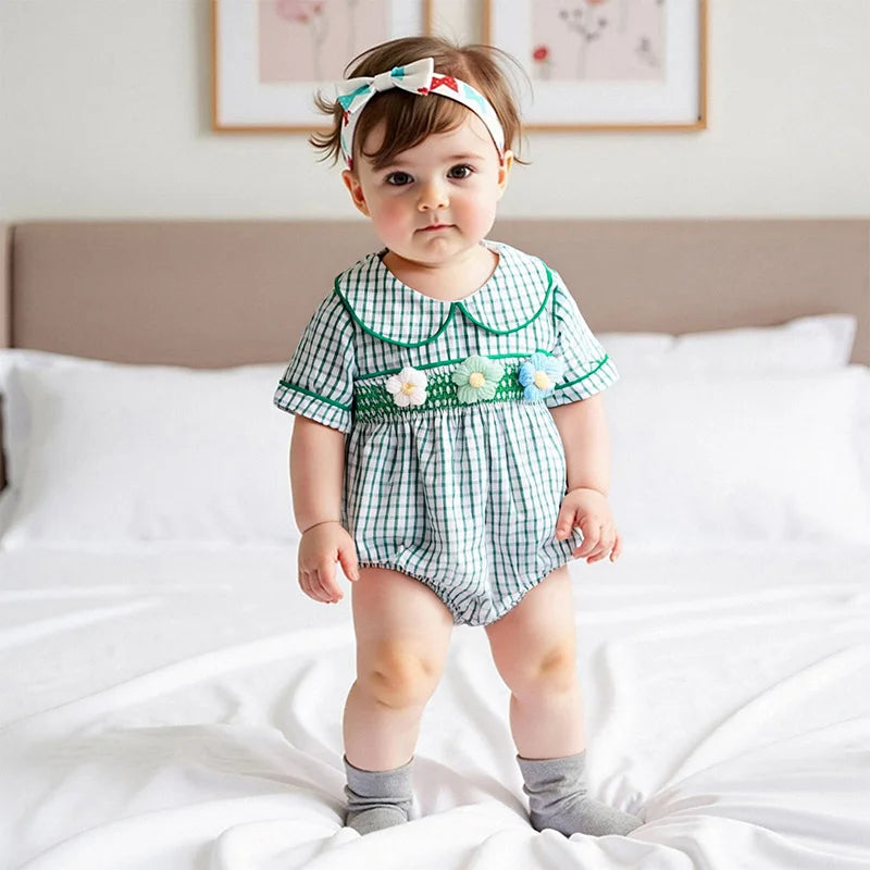 Baby Girls Summer Plaid Romper - Doll Collar Short Sleeve with Flower Embroidery (0-18M)