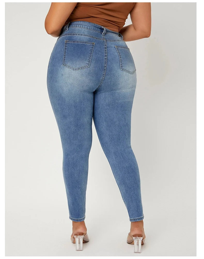 Women's Plus Size Ripped High Waist Stretchy Denim Jeans