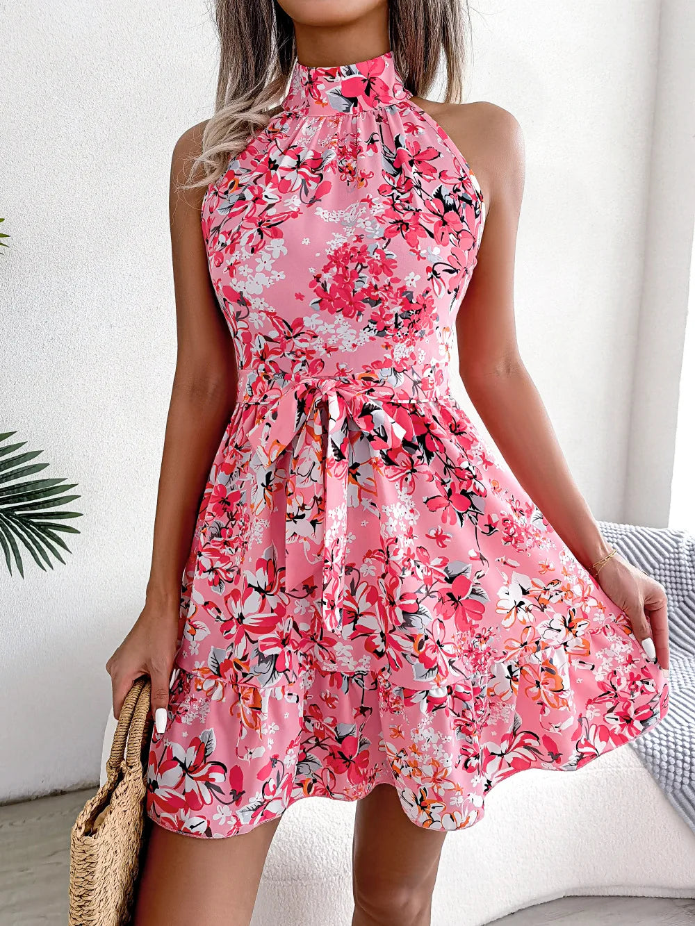 Women's Floral Halter Neck Sleeveless Lace Up Ruffled A Line Spring Summer Short Dress