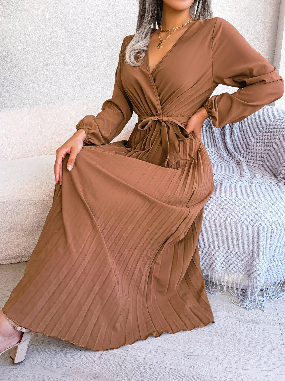 Women's Spring Summer Cross V Neck Large Hem Pleated Long Dress