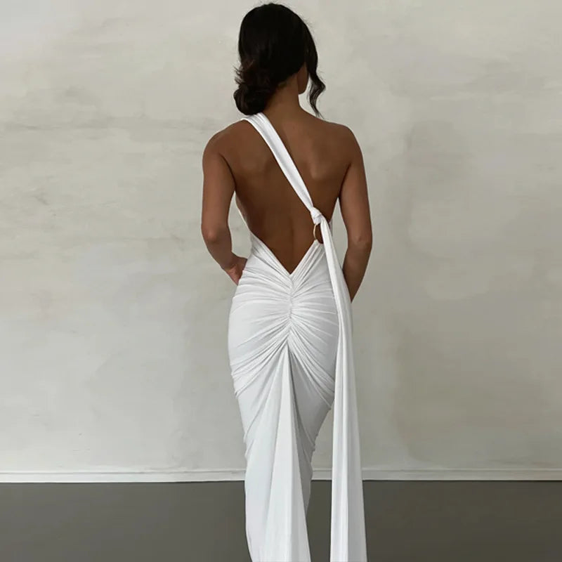 Women's Backless Irregular Maxi Ruched Long Sleeveless Dress
