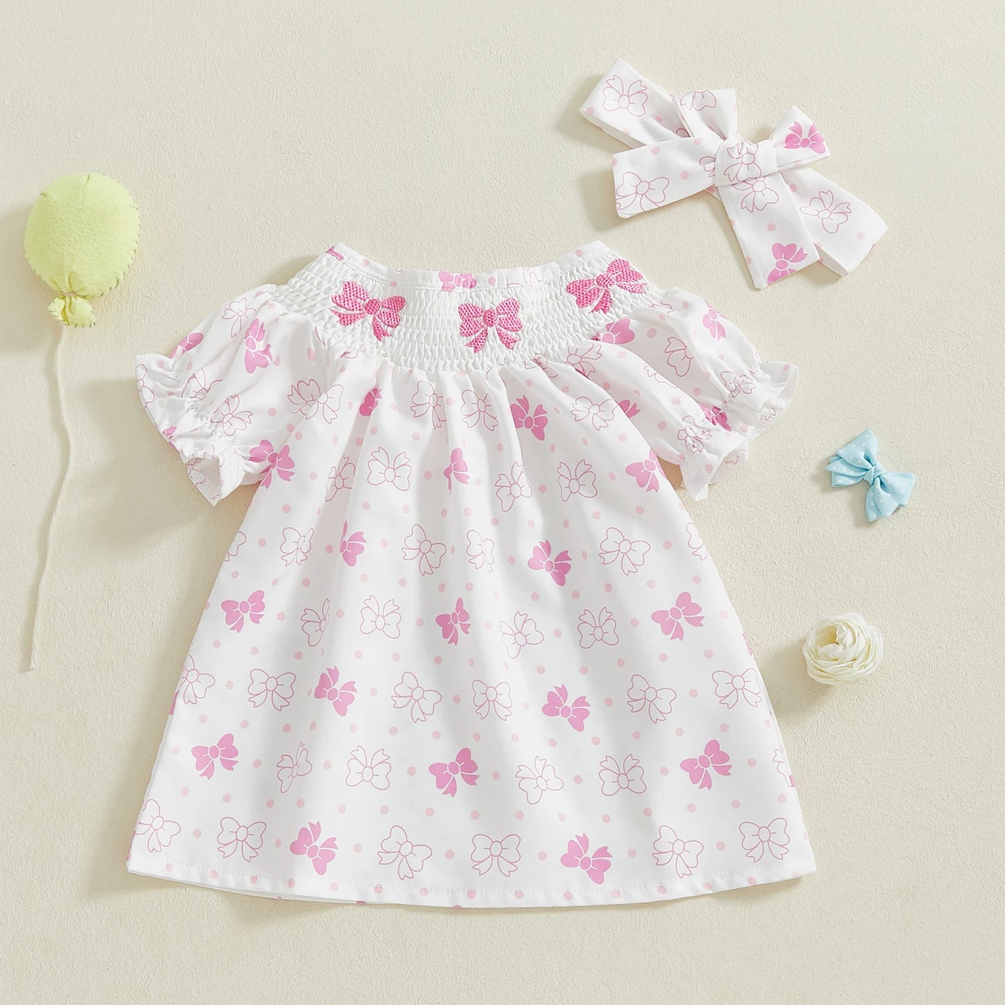 Baby Girls Summer Dress Set - Puff Sleeve Heart & Bow Embroidery with Headband