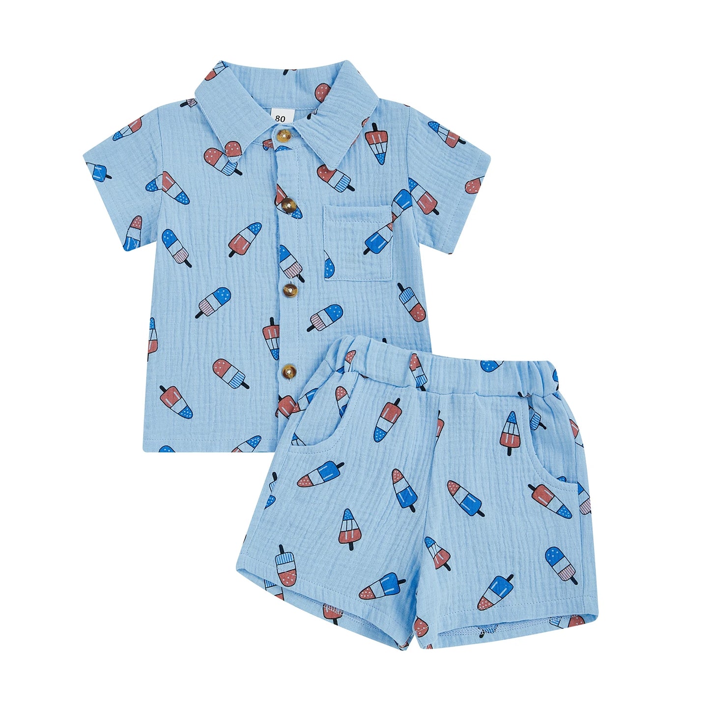 0-4Y Kids Boys American Flag Colours Print Clothes Sets Ice Cream Print Lapel Button Down Short Sleeve Shirt with Shorts