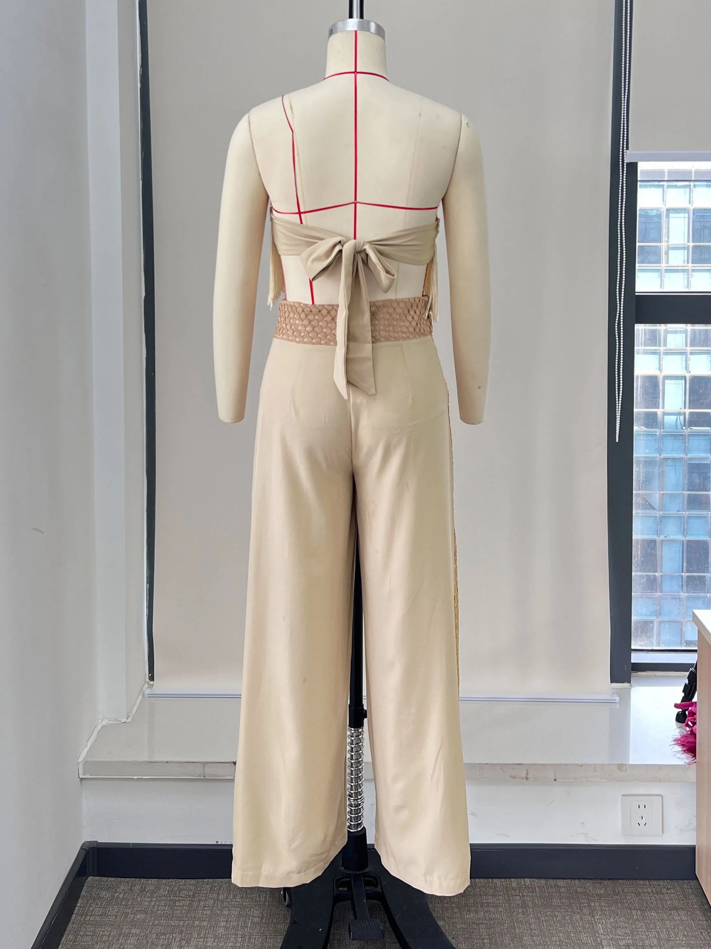 Women's Tassel Pants Set Elegant Bandage Wide Leg Pants Lace Patchwork High Waist Two Piece Set